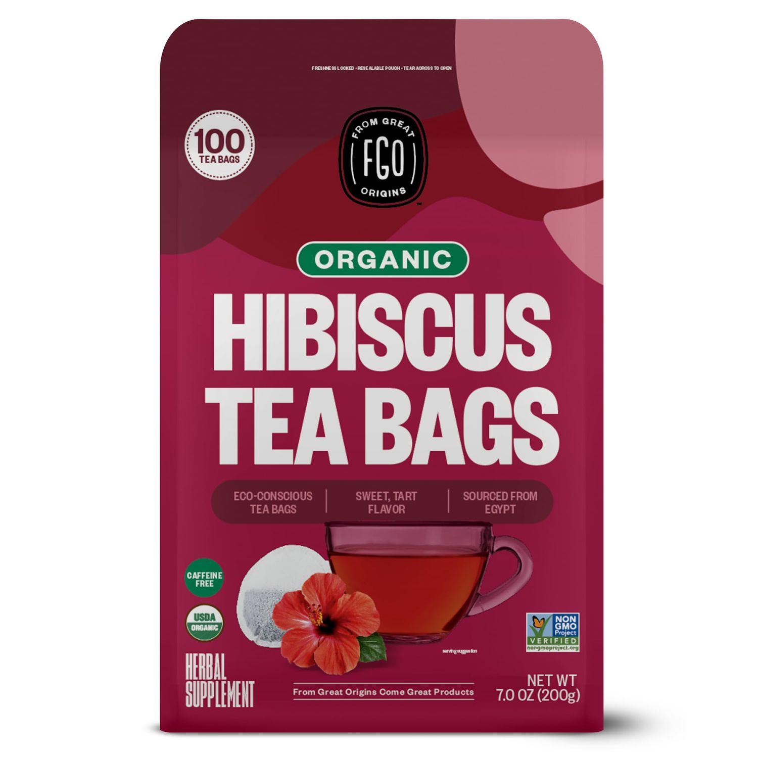 FGO Organic Hibiscus Tea, Eco-Conscious Tea Bags, 100 Count, 100 Servings, Packaging May Vary (Pack of 1)
