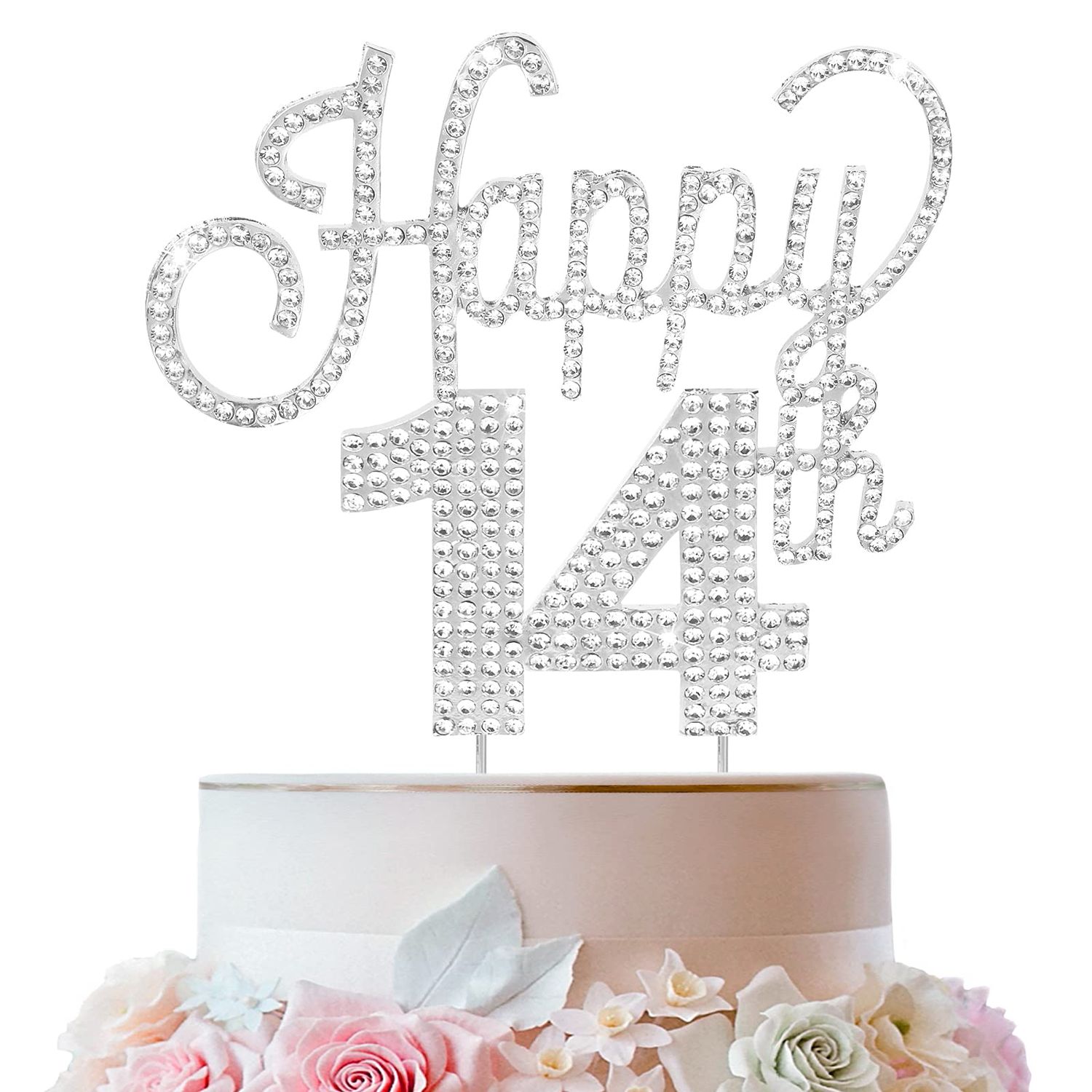 LINGTEER Happy 14th Birthday Silver Rhinestone Cake Topper - Cheers to 14th Birthday Fourteen Years Old Party Cake Centerpieces Topper Decorations Gift Sign.
