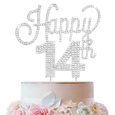 LINGTEER Happy 14th Birthday Silver Rhinestone Cake Topper - Cheers to 14th Birthday Fourteen Years Old Party Cake Centerpieces Topper Decorations Gift Sign.