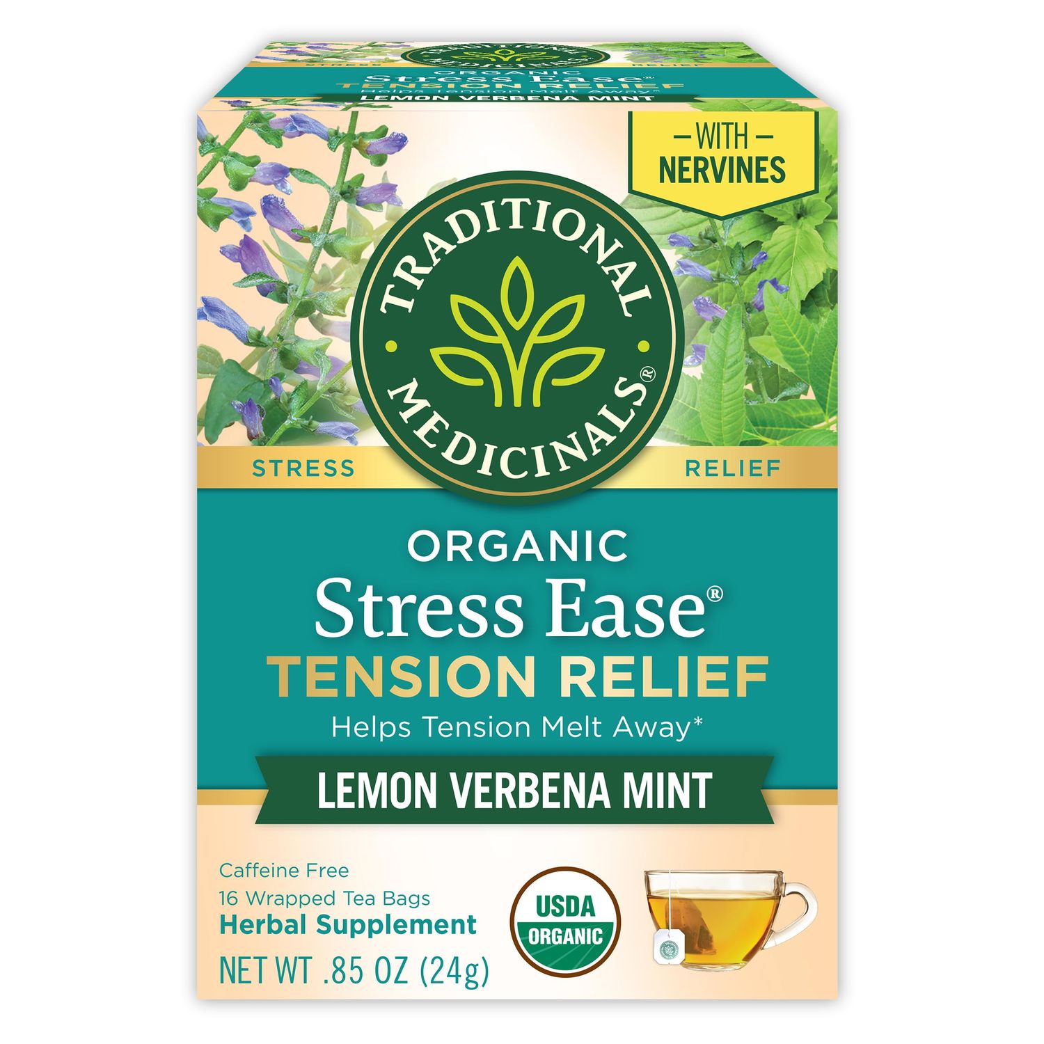 Traditional Medicinals Tea, Organic Stress Ease, Relieves Tension, Promotes Relaxation, 16 Tea Bags
