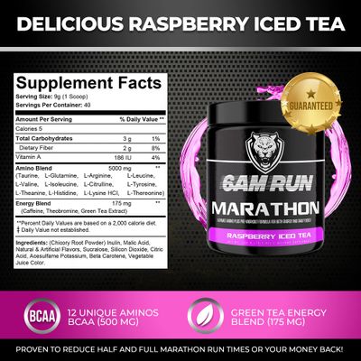 6AM Run Marathon, Pre-Workout Powder for Distance Running, Essential Amino Energy for Cardio &amp; Stamina, All-Natural High-Energy Formula with No Jitters, Raspberry Iced Tea, 40 Servings