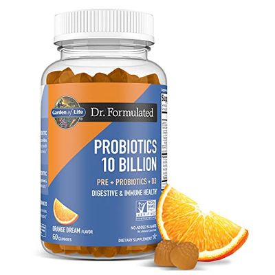 Garden of Life Dr Formulated 10 Billion CFU Prebiotic Fiber &amp; Probiotic Gummies with Vitamin D3 for Digestive and Immune Health - Gluten Free, Non GMO, No Added Sugar, Orange Dream Flavor, 60 Gummies