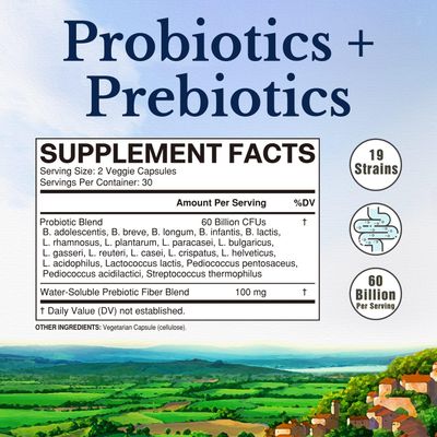Vitalitown Probiotics + Prebiotics | 60 Billion CFUs 19 Strains | 60 Delayed Release Veg Caps | Shelf Stable, Prebiotics and Probiotics | Digestive Health, Immune Health | Vegan, Non-GMO, No Dairy