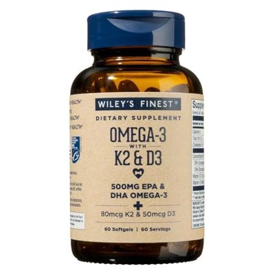 Wiley&#39;s Finest Wild Alaskan Fish Oil Vitamin K2 Softgels - 500mg of EPA and DHA Omega-3s for Bone and Heart Health Support - 60 Softgels (60 Servings)
