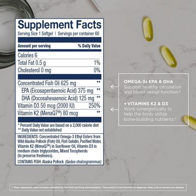 Wiley's Finest Wild Alaskan Fish Oil Vitamin K2 Softgels - 500mg of EPA and DHA Omega-3s for Bone and Heart Health Support - 60 Softgels (60 Servings)