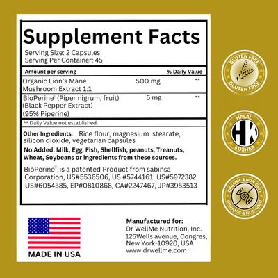 Organic Lion's Mane Mushroom Capsules 500 mg (90 Vegetarian Capsules) 3 Months' Supply, Made in USA by Dr.WellMe