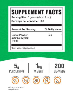 BulkSupplements.com Carrot Powder - Superfood Powder Supplement, Carrot Supplement - for Smoothies &amp; Baking, Vegan &amp; Gluten Free, 5g per Serving, 1kg (2.2 lbs) (Pack of 1)
