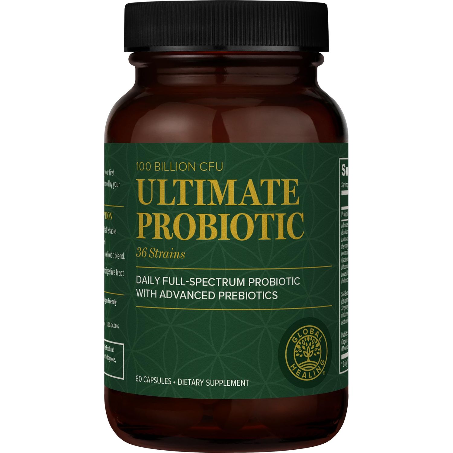 Global Healing Ultimate Probiotic Blend Supplement (Floratrex) with Prebiotics for Healthy Digestion, Digestive Tract, and Immune System, Men &amp; Women, 100 Billion CFU, 36 Strains (60 Capsules)