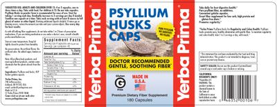 Yerba Prima Psyllium Husks Caps Dietary Fiber 625 mg, 180 Capsules - Colon Cleansing Supplement - Gut Health - Non-GMO Gluten Free