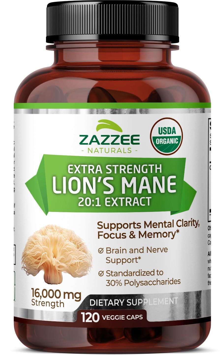Zazzee USDA Organic Lion&#39;s Mane 20:1 Extract, 16,000 mg Strength, 30% Polysaccharides, 120 Vegan Capsules, 60 Day Supply, Standardized and Concentrated 20X Extract, All-Natural and Non-GMO