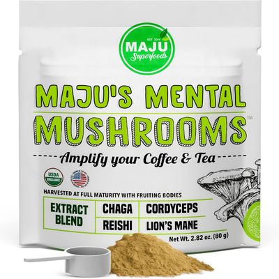 MAJU&#39;s Mental Mushroom Powder Extract, Strong Lions Mane, Chaga, Reishi, Cordyceps, Fruiting Bodies for Coffee, Immune System Booster, Nootropic Brain Supplement, Memory, Organic Mushrooms