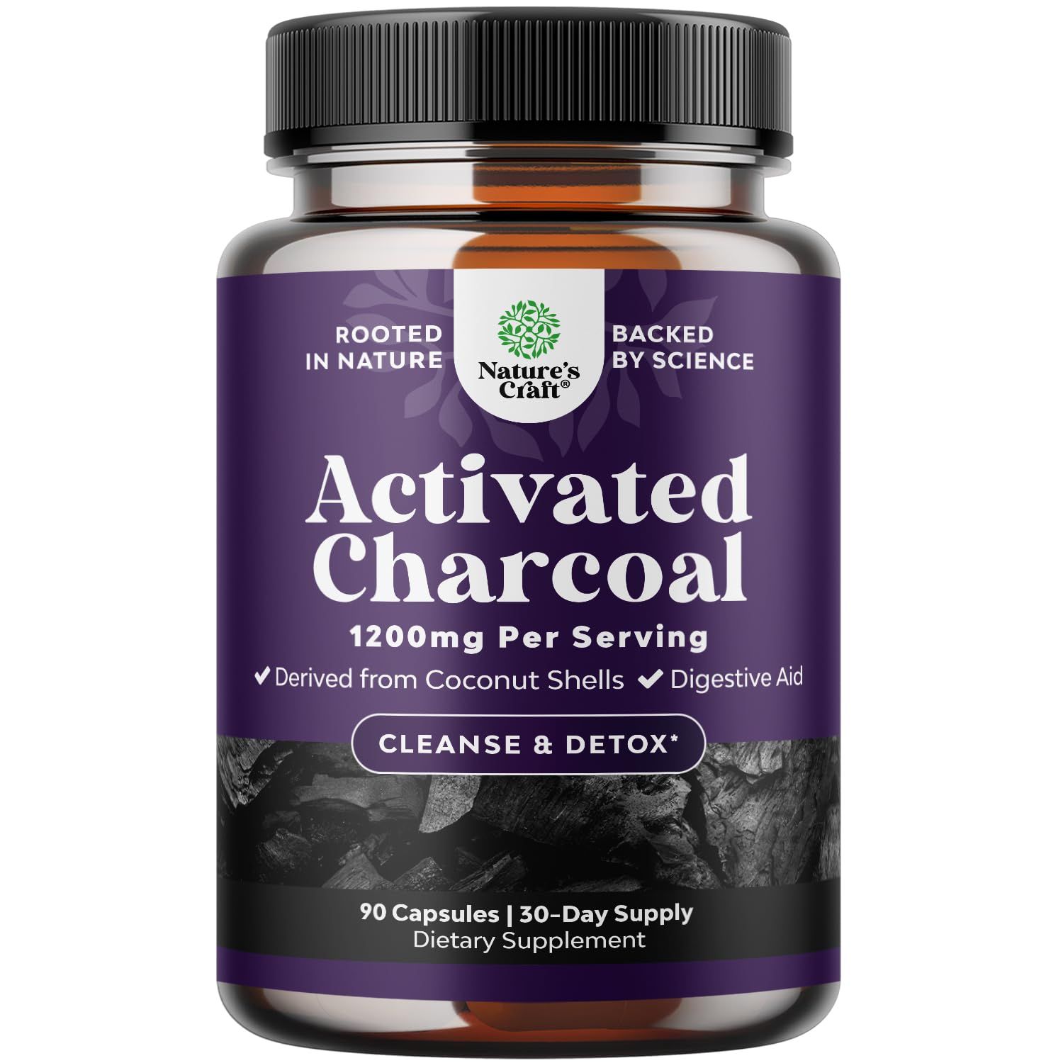 Cleanse and Detox Activated Charcoal Capsules - Purifying Detox Pills with 1200mg Per Serving Coconut Charcoal Powder for Bloating Relief and Body Detox Cleanse - Active Charcoal for Gut Health - 90ct