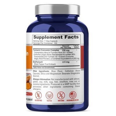NusaPure Turmeric Curcumin Complex 4,500mg per caps, 150 caps, Non-GMO, Gluten-Free, Vegan, Bioperine