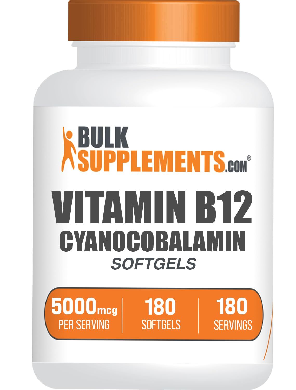 BulkSupplements.com Vitamin B12 5000 mcg Softgels - Cyanocobalamin, Vitamin B Supplements, B12 Vitamins Pills - Gluten Free, 1 Vitamin B12 Softgel per Serving, 180-Day Supply, 180 Softgels