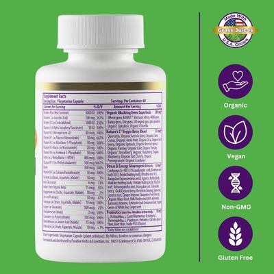 Paradise Herbs Earth's Blend Once Daily Multivitamin for Men, No Iron, 48 Organic Superfoods, Probiotics, and Vitamins A, B12, C, D, K2, 60 Count