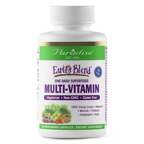 Paradise Herbs Earth&#39;s Blend Once Daily Multivitamin for Men, No Iron, 48 Organic Superfoods, Probiotics, and Vitamins A, B12, C, D, K2, 60 Count