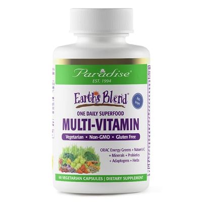 Paradise Herbs Earth&#39;s Blend Once Daily Multivitamin for Men, No Iron, 48 Organic Superfoods, Probiotics, and Vitamins A, B12, C, D, K2, 60 Count