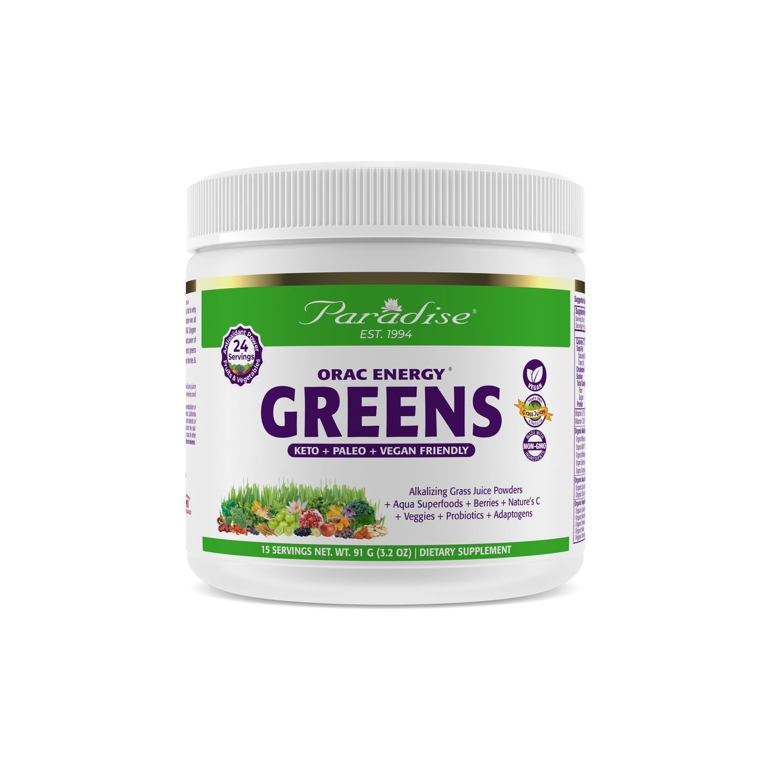 Paradise Herbs, ORAC Energy Greens Powder, Antioxidant Power of 24 Servings of Fruits &amp; Vegetables in 1 Scoop, 15 Servings