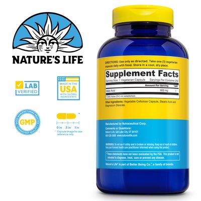 Nature's Life Malic Acid Supplement 800 mg - Healthy Muscle Function and Cellular Energy Support - Dietary Fruit Acid - 60-Day Money Back Guarantee, Lab Verified - 250 Servings, 250 Capsules