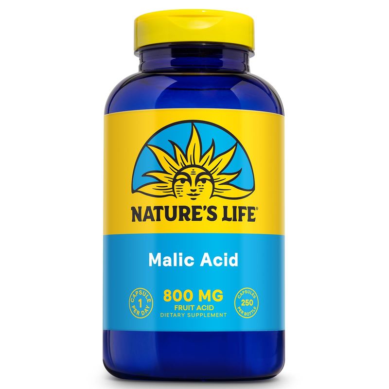 Nature&#39;s Life Malic Acid Supplement 800 mg - Healthy Muscle Function and Cellular Energy Support - Dietary Fruit Acid - 60-Day Money Back Guarantee, Lab Verified - 250 Servings, 250 Capsules