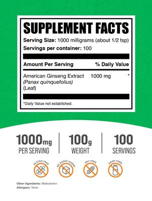 BulkSupplements.com American Ginseng Extract Powder - Ginseng Supplement, American Ginseng Powder, Ginseng Herbal Supplements - Gluten Free, 1000mg per Serving, 100g (3.5 oz) (Pack of 1)