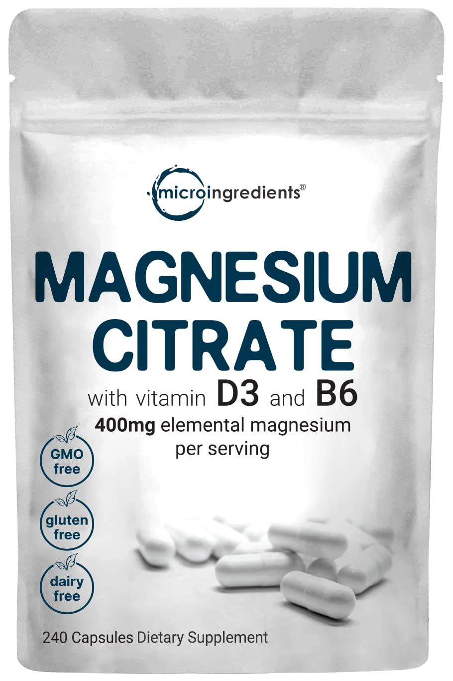 Magnesium Citrate 400mg with Vitamin D3 1000IU &amp; B6, 240 Capsules | Elemental Mineral &amp; Vitamins Complex | Combats Constipation, Supports Muscle, Heart, &amp; Bone Health - Non-GMO