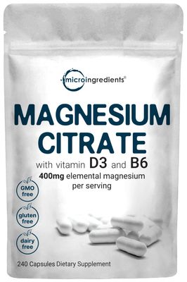 Magnesium Citrate 400mg with Vitamin D3 1000IU &amp; B6, 240 Capsules | Elemental Mineral &amp; Vitamins Complex | Combats Constipation, Supports Muscle, Heart, &amp; Bone Health - Non-GMO