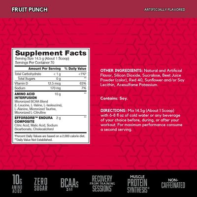 BSN Amino X Muscle Recovery & Endurance Powder with BCAAs, Intra Workout Support, 10 Grams of Amino Acids, Keto Friendly, Caffeine Free, Flavor: Fruit Punch, 70 Servings (Packaging May Vary)