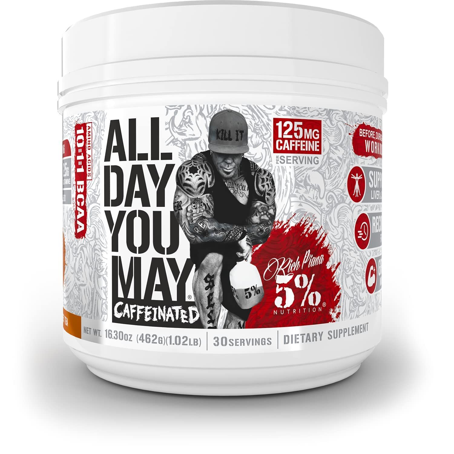 5% Nutrition Rich Piana AllDayYouMay Caffeinated BCAA Energy Powder | Premium Pre Workout Amino Energy &amp; Electrolytes | Hydration, Endurance &amp; Recovery | 16.3 oz, 30 Servings (Southern Sweet Tea)