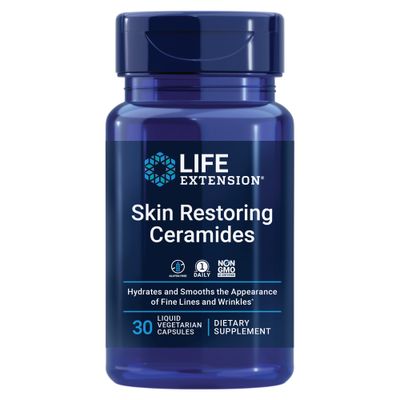 Life Extension Skin Restoring Ceramides - Promotes Hydration &amp; Encourages Healthy Ceramide Levels in Skin - Once-Daily Oral Supplement - Non-GMO, Gluten-Free - 30 Liquid Vegetarian Capsules