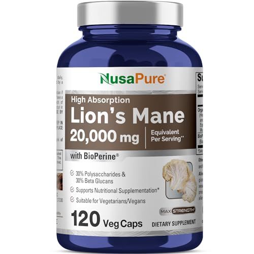 NusaPure Lions Mane 20:1 Extract (20,000 mg Equivalent) - Made with Organic Lion`s Mane, Bioperine - 30% Polysaccharides - 120 Veggie Caps. Non-GMO, Gluten Free