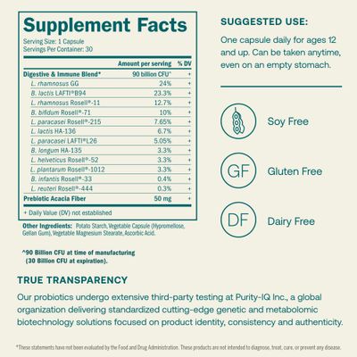 True Grace One Daily Probiotic - 30 Vegetarian Capsules - Gut, Digestive & Immune Health Support Blend with Prebiotic Fiber - Organic, Gluten Free, Dairy Free, Soy Free