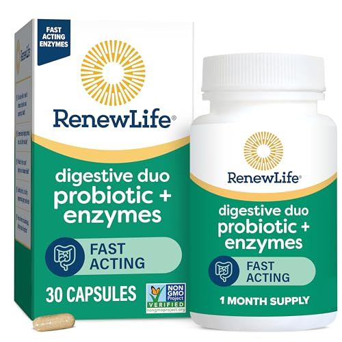 Renew Life Digestive Duo Probiotic and Enzymes Vegetarian Capsules, Probiotic Promotes Digestive Health, Fast-Acting Enzymes Aid Digestion, With Soothing Herbs - 30 Count