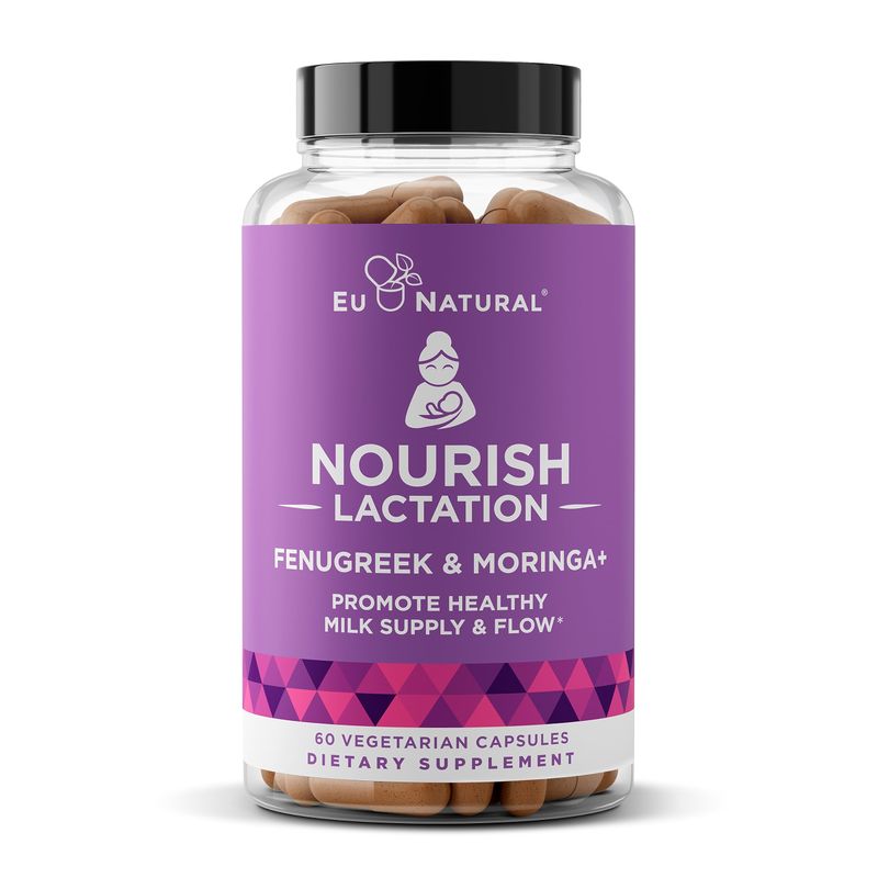 Nourish Lactation Supplement - Postpartum Support for Healthy Milk Flow &amp; Production - Fenugreek Capsules for Women with Goat's Rue, Milk Thistle, Fennel Seed &amp; Organic Moringa, 60 Vegan Soft Capsules