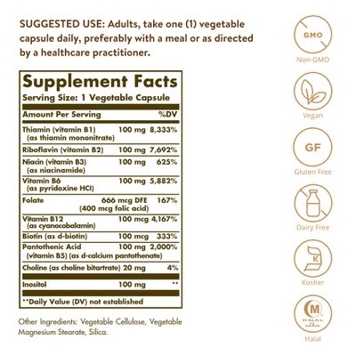 Solgar B-Complex 100, 100 Vegetable Capsules - Heart Health - Nervous System Support - Supports Energy Metabolism - Non GMO, Vegan, Gluten/ Dairy Free, Kosher, Halal - 100 Servings