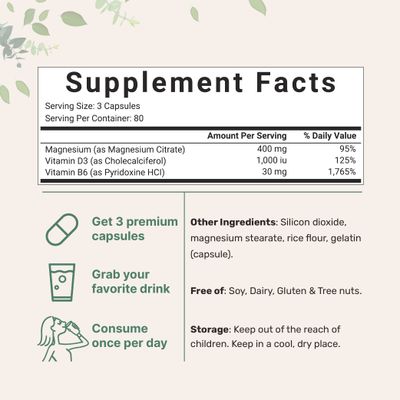 Magnesium Citrate 400mg with Vitamin D3 1000IU &amp; B6, 240 Capsules | Elemental Mineral &amp; Vitamins Complex | Combats Constipation, Supports Muscle, Heart, &amp; Bone Health - Non-GMO