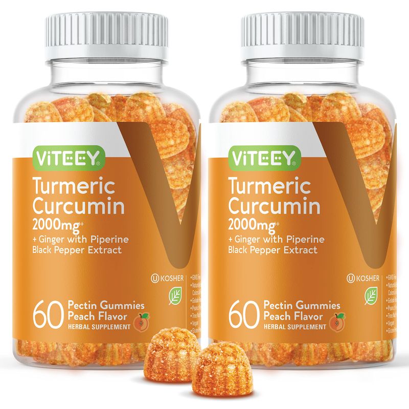 Turmeric Curcumin Gummies with Ginger &amp; Black Pepper Herbal Supplement, 2000mg, Immune Support, Healthy Skin, and Joint Health, Vegan, Pectin Based, for Adults and Teens - Chewable Peach Flavor(2Pack)