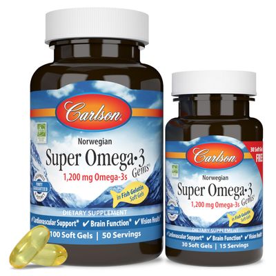 Carlson Super Omega-3 Gems, Pescetarian, Norwegian, 1,200 mg Omega-3s, 100 + 30 Soft Gels