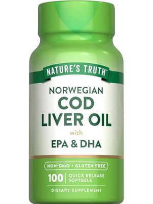 Nature&#39;s Truth Norwegian Cod Liver Oil | 100 Softgels | with EPA &amp; DHA | Non-GMO, Gluten Free Supplement