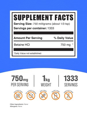 BulkSupplements.com Betaine HCl Powder - Betaine Hydrochloride Powder, Betaine HCl 750mg, Betaine Hydrochloride Supplement - Gluten Free, 750mg per Serving, 1kg (2.2 lbs) (Pack of 1)