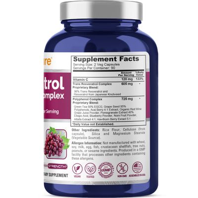 NusaPure Resveratrol &amp; Polyphenol Complex 1450mg 180 Vegetarian Caps (Non-GMO, Vegan) Vitamin C