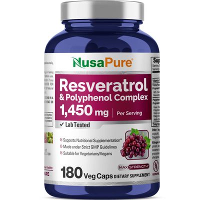 NusaPure Resveratrol &amp; Polyphenol Complex 1450mg 180 Vegetarian Caps (Non-GMO, Vegan) Vitamin C