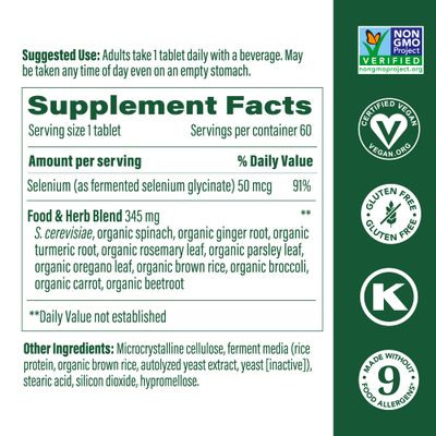 MegaFood Selenium - Selenium 50 mcg, Selenium Supplement with Food and Herb Blend - Immune Support - Vegan, Non-GMO - Made Without 9 Food Allergens - 60 Tablets (60 Servings)