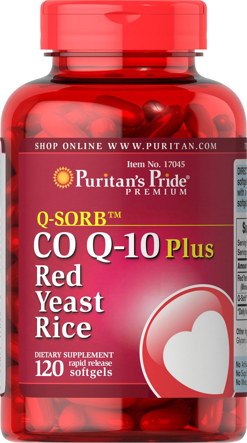 Puritan&#39;s Pride Q-Sorb Coenzyme CoQ10 Dietary Supplement for Heart Health, Blood Pressure, Oral Gum Health, and Healthy Aging Support, Plus Red Yeast Rice, 120 Rapid Release Softgels