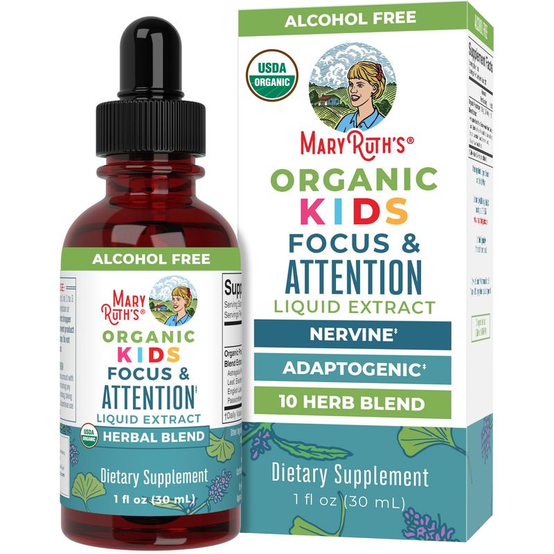 MaryRuth Organics Kids Brain Supplements for Memory and Focus, USDA Organic Drops with Ginkgo Biloba, Rhodiola Root &amp; Licorice Root, Focus &amp; Attention, Calm, Vegan, Non-GMO, Gluten Free, 30 Servings