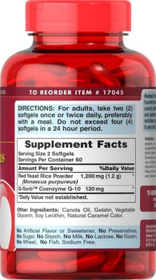Puritan's Pride Q-Sorb Coenzyme CoQ10 Dietary Supplement for Heart Health, Blood Pressure, Oral Gum Health, and Healthy Aging Support, Plus Red Yeast Rice, 120 Rapid Release Softgels