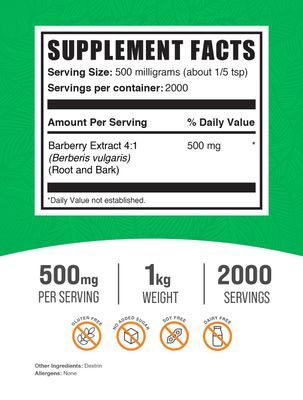 BulkSupplements.com Barberry Extract Powder - Barberry Supplements, Barberry Powder - Herbal Supplement, Gluten Free, 500mg per Serving, 1kg (2.2 lbs) (Pack of 1)
