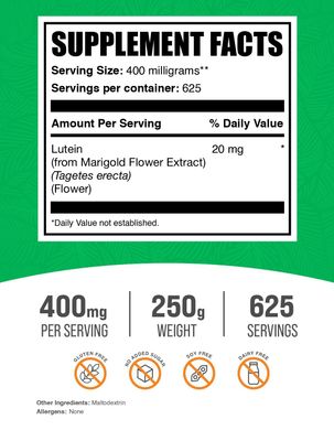 BulkSupplements.com Lutein Powder - from Marigold Flower Extract, Lutein Supplement, Lutein 20mg - Antioxidant Source, Gluten Free, 400mg per Serving, 250g (8.8 oz) (Pack of 1)