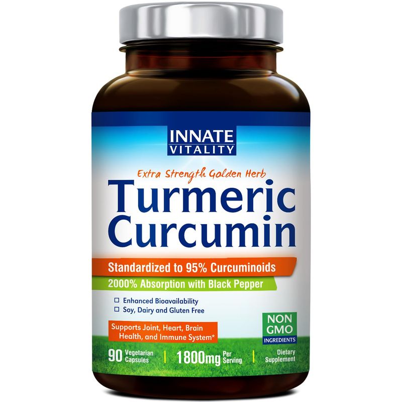 Innate Vitality Turmeric Curcumin Supplement 1800mg with Black Pepper Extract 95% Curcuminoids, Extra Strength &amp; Enhanced Absorption, Joint Support, Healthy Inflammatory Response, Antioxidant, 90 Caps