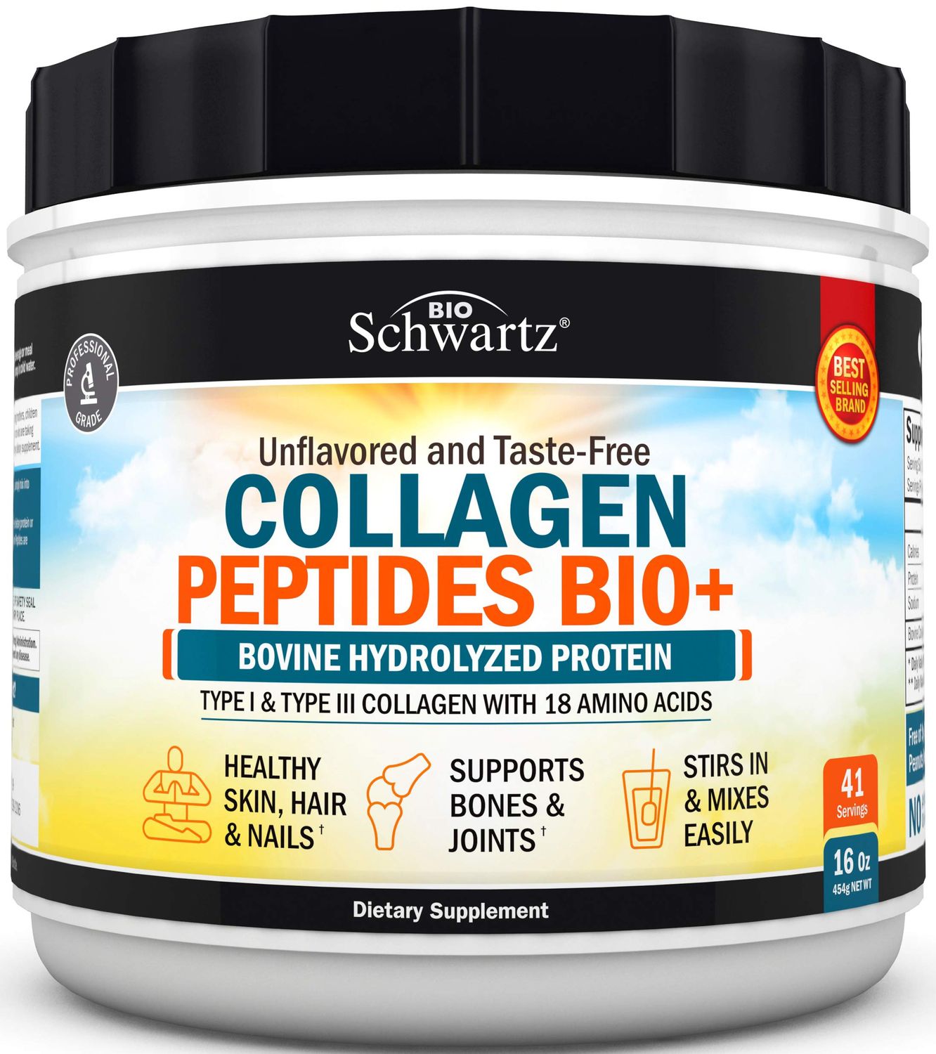 Collagen Peptides Powder - Grass Fed, Pasture Raised with Aminos - Promotes Healthy Skin Hair &amp; Nails - Bone &amp; Joint Support - Hydrolyzed, Unflavored, Non GMO, Gluten Free - Easy to Mix -16 oz
